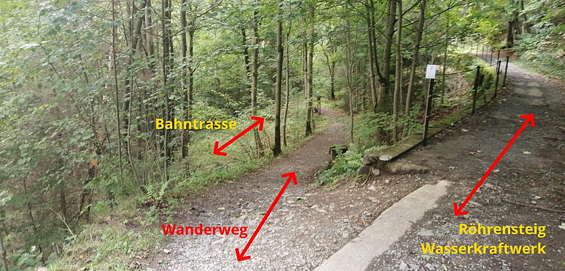 Nur an diesem Punkt kommen sich Bahntrasse und Wanderweg in die Quere. Ein Holzbrücke vom Röhrensteig hinunter zum Wanderweg würde mit wenig Aufwand Abhilfe schaffen.